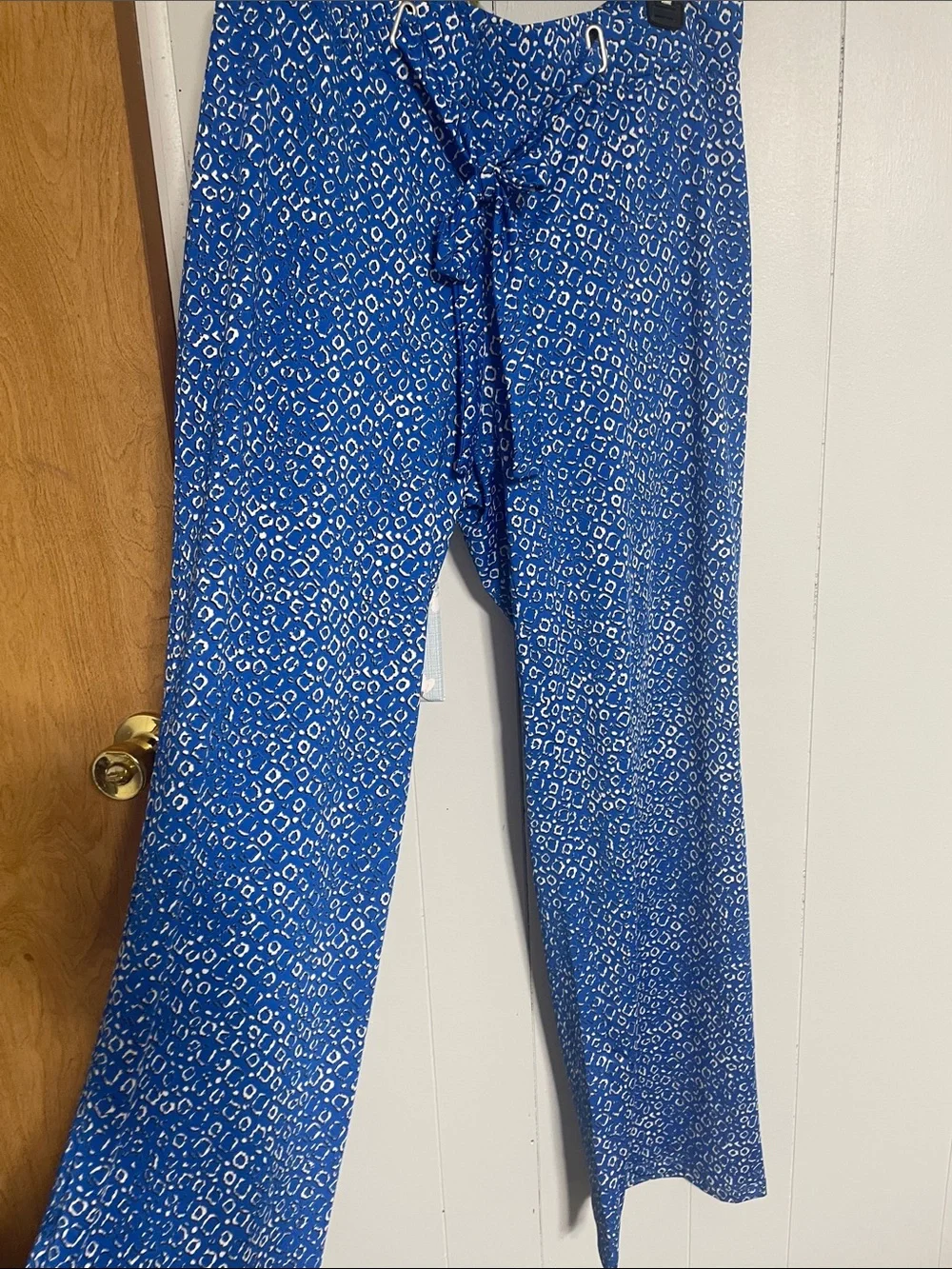 Blue Printed Wide-Leg Tie-Waist Pants